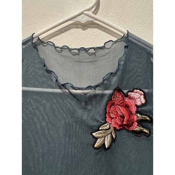 Y2K sheer mesh crop T shirt with rose embroidery lettuce trim Sz S Goth Grunge - Picture 4 of 5